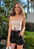 Black Women's High Waist Wide Leg Stretch Belted Shorts PU Leather Pants