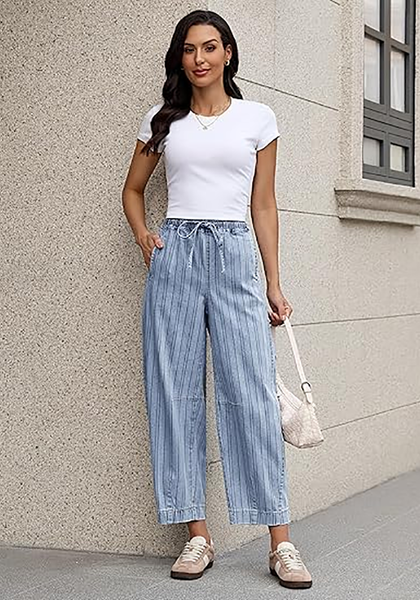 LookbookStore Women's Roadknight Blue Stripe Cropped Barrel Jeans High Waist Elastic Pull On Wide Leg Casual Stretch Denim Pants