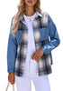 Blue Plaid Women's Brief Button Down Denim Loose Plaid Flannel Shirt Coats Jackets
