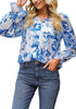 Blue Floral Women's Floral Ruffle Button Down Long Sleeve Blouse