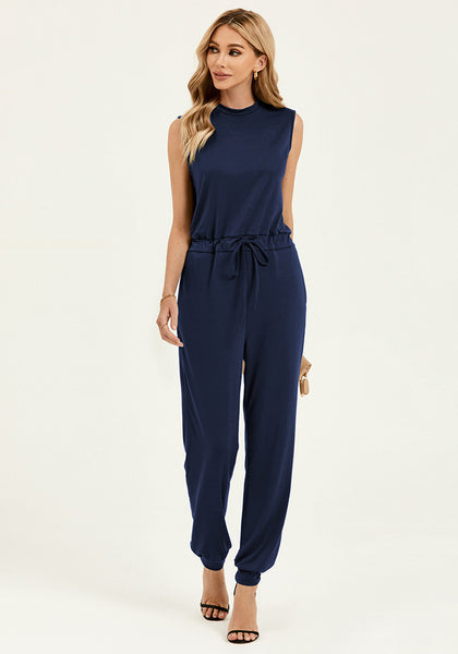 Dark Blue Women's Sleeveless Drawstring Jumpsuit with Stretchy Long Pants Jogger