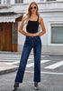 Dark Blue Women's Straight Leg Pull On Denim Pant High Waisted Stretch