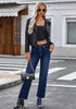Dark Blue Women's Straight Leg Pull On Denim Pant High Waisted Stretch