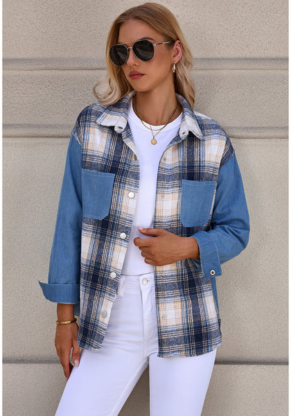 Blue Plaid Women's Brief Button Down Denim Loose Plaid Flannel Shirt Coats Jackets
