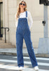 Classic Blue Women's Casual Adjustable Strap Wide Leg Jumpsuit with Pocket Jeans Trouser