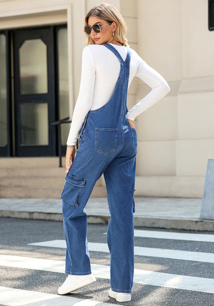 Classic Blue Women's Casual Adjustable Strap Wide Leg Jumpsuit with Pocket Jeans Trouser