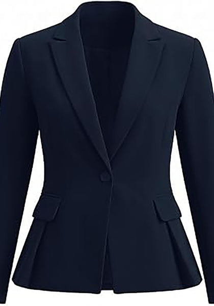 Navy Blue Women's Peplum Suit Jacket Blazer, Tailored Fitted Long Sleeve with Built-in Shoulder Pads, Dressy Casual for Office, Business & Everyday Wear