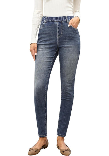 Vintage Sapphire Blue High Waist Skinny Jeans with Elastic Waistband for Women Stretch Denim Functional Pockets Comfort Fit Jeggings