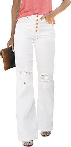 Brilliant White High Waisted Ripped Flare Jeans for Women Destressed Bell Bottom Jeans Wide Leg Pants