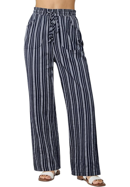 LookbookStore Navy Blue Stripe High Waisted Wide Leg Pants for Women Drawstring Waist Casual Comfort Pants