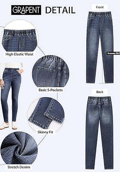Vintage Sapphire Blue High Waist Skinny Jeans with Elastic Waistband for Women Stretch Denim Functional Pockets Comfort Fit Jeggings