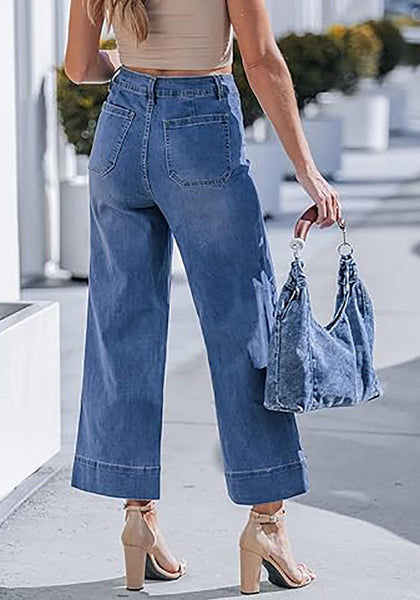 Women's High Waisted Wide Leg Cropped Denim Pants Rolled Cuff Casual Daily Wear Versatile Styling