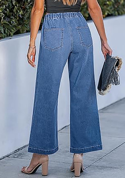 Medium Blue Cropped Wide Leg High Waisted Drawstring Denim Jeans For Women