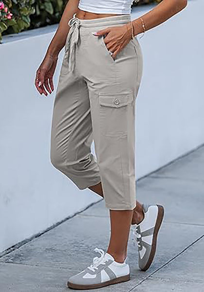 Women's Stretchy High Elastic Waist Wearable Tapered Short Cargo Capri Pants
