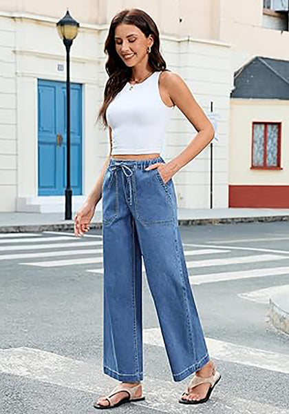 Medium Blue Cropped Wide Leg High Waisted Drawstring Denim Jeans For Women
