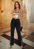 Washed Black Women's High Waisted Flared Jeans Rhinestone Side Stripes Comfort Stretch Functional Pockets
