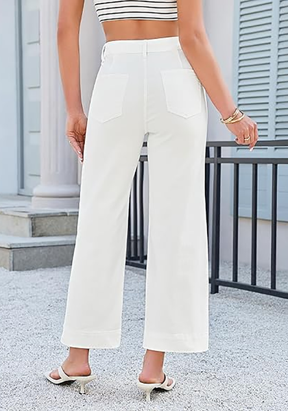 LookbookStore Women's Cream White Cropped Wide Leg Jeans High Waisted Baggy Straight Stretch Denim Pants With Patch Pockets