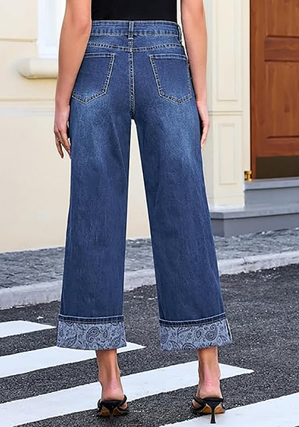 LookbookStore Women's Paisley Classic Blue High Waisted Cropped Wide Leg Jeans Trendy Printed Fold Hem Loose Straight Stretchy Denim Pants
