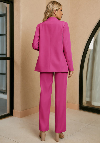 Magenta Women's Business Casual 2 Piece Blazer Jacket Straight Leg High Waisted Pants Suits