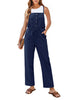 Navy Blue Women's Button Down Pocket Straight Leg Vintage Casual Overalls