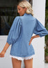 Classic Blue 2023 Denim Shirt Women Button Down Chambray Oversized Puff Sleeve Blouses Distressed Western Jean Tops