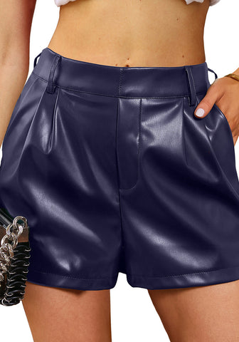 Medieval Blue Women's High Waisted PU Leather Shorts Stretch Pocket Pleat Shorts