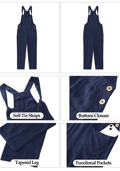 Navy Blue Women's Casual Baggy Linen Overall Summer Pockets Bib Overalls