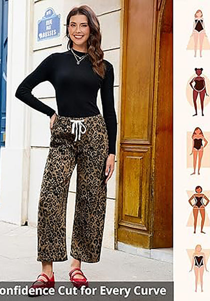 Women's Leopard Print Wide Leg Pants with Drawstring Elastic Waist Casual Loose Trousers for Summer Lounge & Vacation