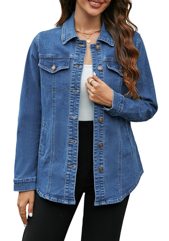 Classic Blue Women‘s Denim Oversized Button Down Long Sleeve Pocket Jacket