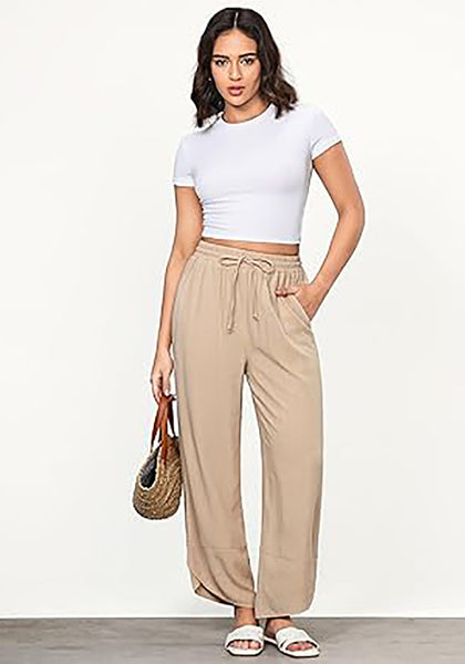 Almond Women's Wide Leg Drawstring Harem Loose Permeable Palazzo Pant