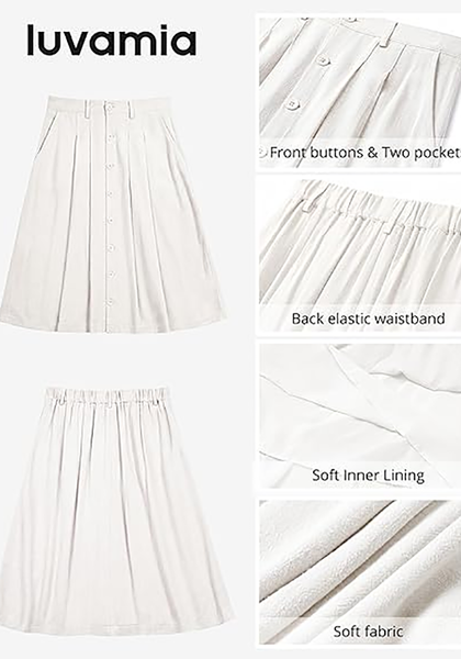 LookbookStore Women White Pleated Linen Midi Skirt Elastic High Waist A Line Summer Skirt with Pockets