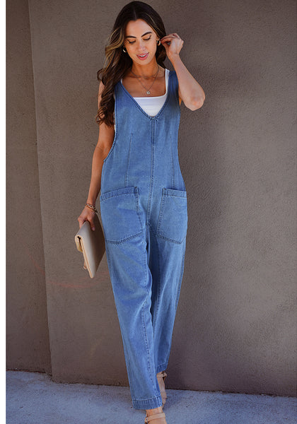 Medium Blue Women's Casual Denim Low Scoop Neckline Jumpsuits With Adjustable Shoulder Pocket Cropped Overalls