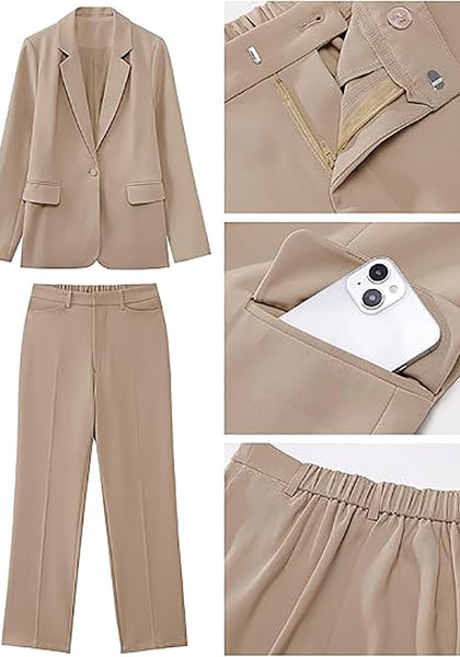 Beige Women's Blazer Set Business Casual Full Fit Blazer Jackets and Straight Pant Suits with Pockets
