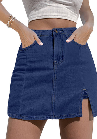 Reef Blue Women's Brief Denim High Waisted Skirt Split Hem Stretch