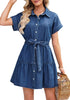Classic Blue Women's Flowy Short Sleeve Button Down Denim Dress with Belt