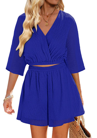 Dazzling Blue Women's 2 Piece Outfit Textured Crop Tops Elastic Waist Flowy Shorts