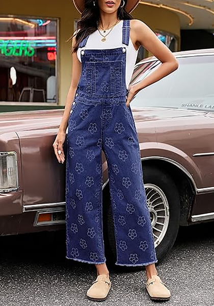 LookbookStore Women's Floral Darkness Blue Embroidered Denim Overalls, Loose Fit Wide Leg Capri Bib Overall, Stretchy Raw Hem Summer Jean Jumpsuit