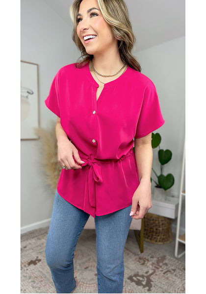 Hot Pink Women's Short Sleeve Office Blouse Button-Down Shirts