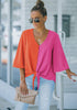 Hot Pink & Orange Women's V Neck Button Down Shirts 3/4 Bell Sleeve Tie Knot Blouse