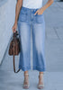 Medium Blue 2024 Women's High Waisted Long Denim Wide Leg Pockets Cropped Pants Jeans Trouser