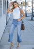 Medium Blue 2024 Women's High Waisted Long Denim Wide Leg Pockets Cropped Pants Jeans Trouser