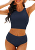 Navy Blue Women's High Waisted Two Piece Bikini Sets Textured High Neck Racer Back Swimsuits
