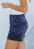 Dark Blue Women's High Waisted Distressed Denim Jeans Stretchy Summer Casual Shorts