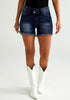 Dark Blue Women's High Waisted Denim Jeans Shorts Frayed Raw Hem Crossover Waist Casual Summer Shorts
