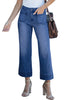 Darkness Blue 2024 Women's High Waisted Long Denim Wide Leg Pockets Cropped Pants Jeans Trouser