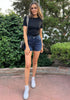 Dark Blue Women's High Waisted Distressed Denim Jeans Stretchy Summer Casual Shorts
