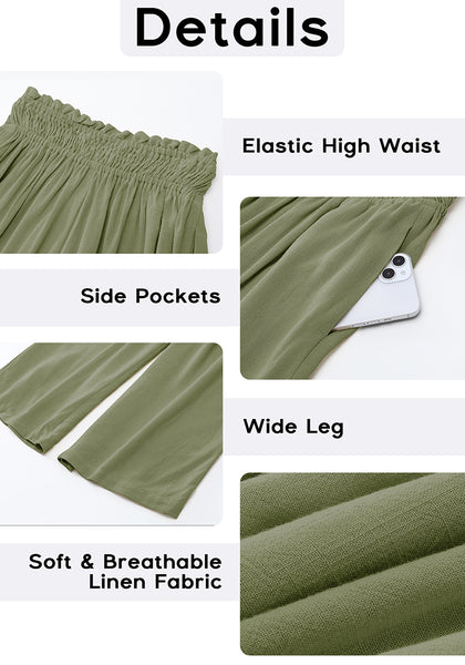 Olive Green Women's High Waisted Wide Leg Elastic Waist Linen Palazzo Pants Pull On Smock Waist Baggy Fit Trousers