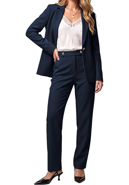 Navy Blue Women's Elegant Business Pantsuit — Single Button Blazer & High Waisted Pants with Adjustable Waistband