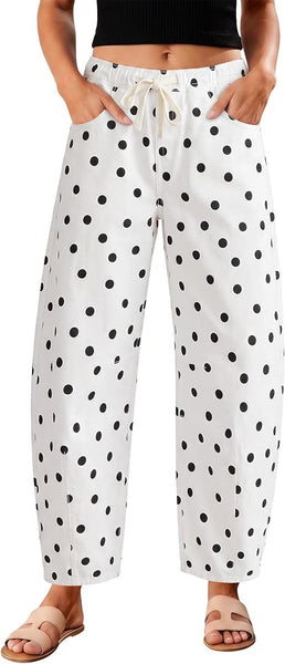 GRAPENT Women's High Rise Polka Dot Barrel Jeans | Stretch Denim, Elastic Drawstring Waist, 27" Inseam, Cropped, Dressy Casual Daily Wear