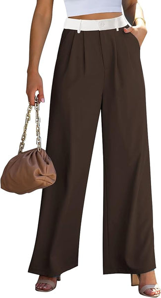 Brown & White Block Women's High Waisted Wide Leg Business Work Pants